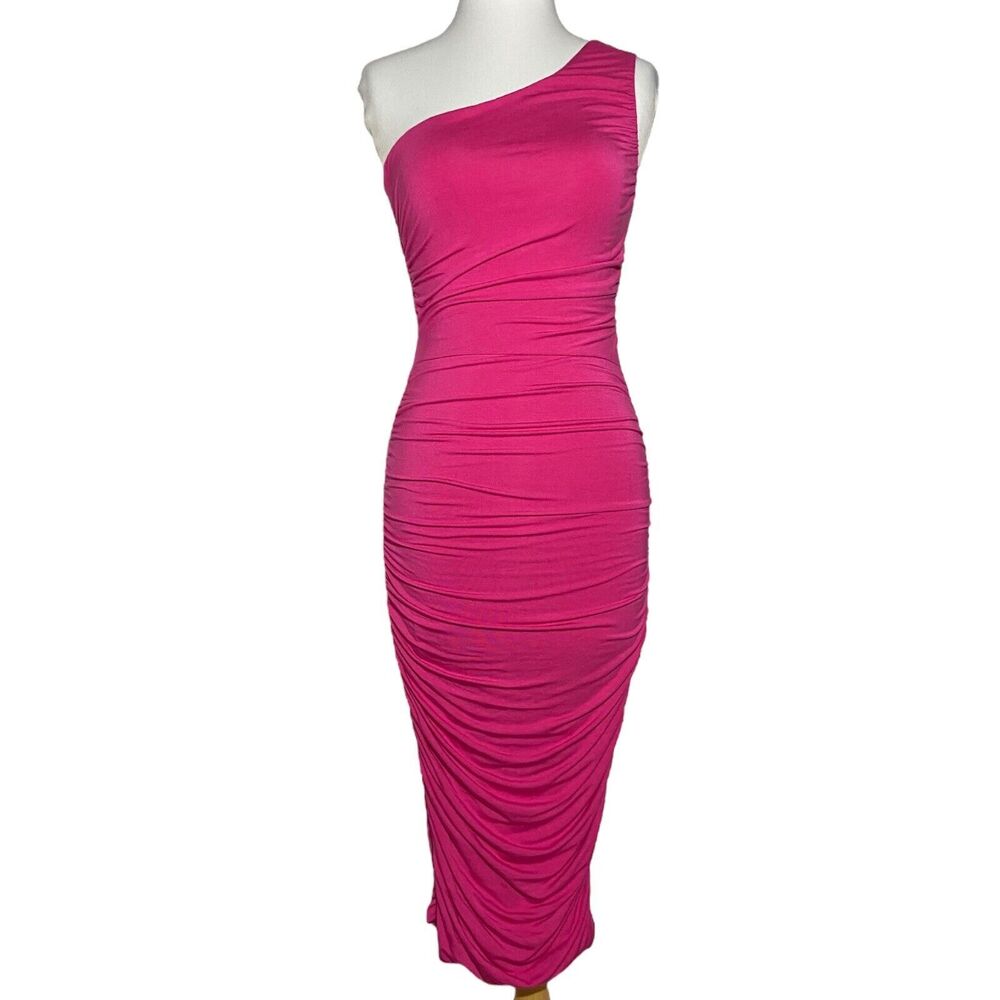 Socialite One-Shoulder Dress Hot Pink Women's Size XS Stretchy Ruched Bodycon